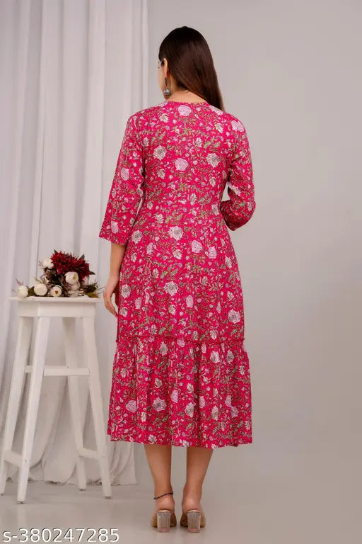 Trendy rayon printed Anarkali kurti, three-quarter sleeves, vibrant Indian fashion for casual wear & kitty parties