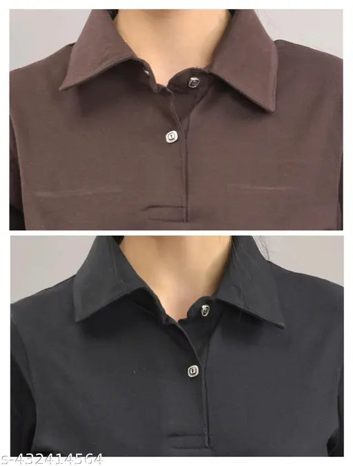 Stylish cotton collar t-shirt for women & girls, solid color, short sleeves, Indian origin