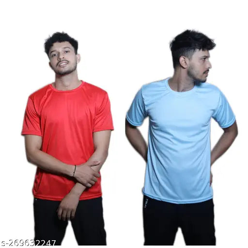 Polyester gym wear t-shirt for men, solid color with short sleeves. Two pack. Men's sports t-shirt for regular wear. Sizes: S, M, L, XL. Made in India