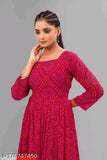 Bandhini Pink Georgette, three-quarter sleeve dress with printed combo, long knee-length skater style for women's fashion