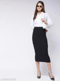 Solid polyester midi length stretchable skirt, versatile fit for women sizes 26-44, India origin