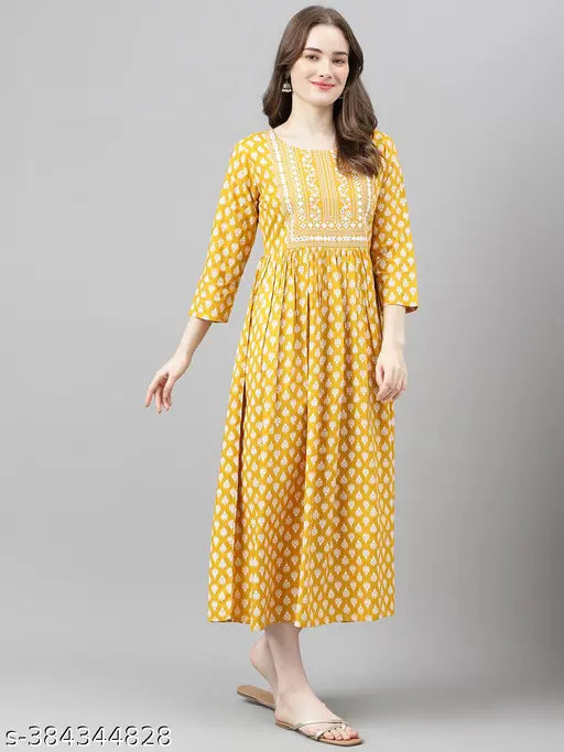 Rayon embroidered women's festival kurta, three-quarter sleeves, printed pattern. Indian-made rayon embroidery long kurta on hanger