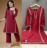 Cotton women's kurti pant set with palazzo bottoms, solid color, rayon fabric, three-quarter sleeves