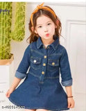 Denim fancy frock, solid pattern, three-quarter sleeves, 7-8 years kids' clothing from India