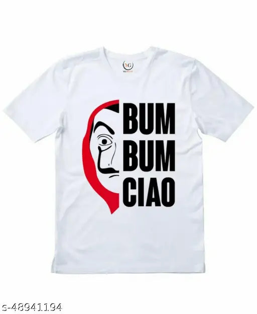 Mg brand Money Heist Bella ciao fan art cotton t-shirt on model, short sleeves, vibrant print