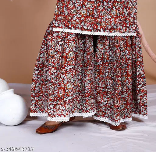 Elegant cotton kurti Sharara dupatta set with three-quarter sleeves, printed floral design, and lace detailing - Indian partywear for women (S: Bust 36in, Top 38in, Waist 28in, Bottom 39in, Dupatta 2.25in)