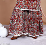 Elegant cotton kurti Sharara dupatta set with three-quarter sleeves, printed floral design, and lace detailing - Indian partywear for women (S: Bust 36in, Top 38in, Waist 28in, Bottom 39in, Dupatta 2.25in)