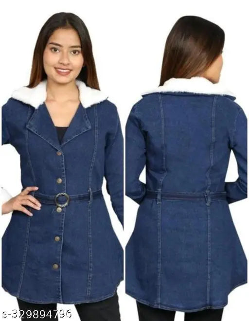 Blue denim long coat with white fur collar and sleeves, stylish girls' winter coat accessory