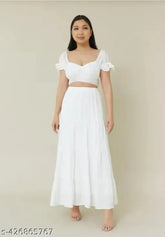 White rayon skirt for women, solid net design, versatile sizes from S-XXXL