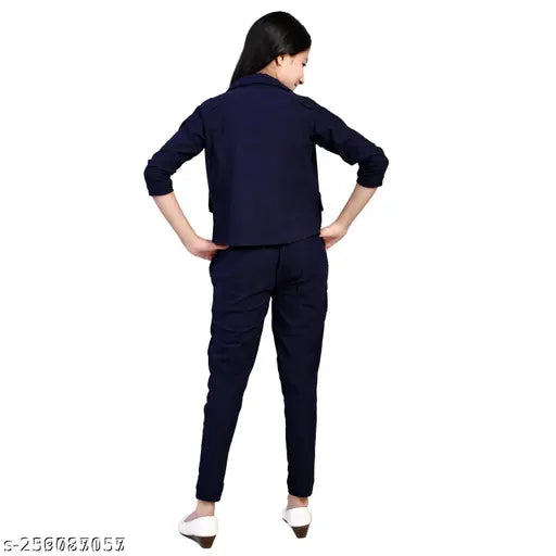 Navy blue printed casual dress set for girls aged 4-15 years, includes white t-shirt, pink 3/4 sleeve koti, and pink stretchable pants, cotton blend fabric, India origin