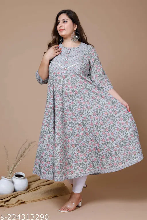 Blue & Pink Plus Size Anarkali Kurta, cotton, three-quarter sleeves, ethnic motifs printed, gotta patti design. Ideal for light festive wear