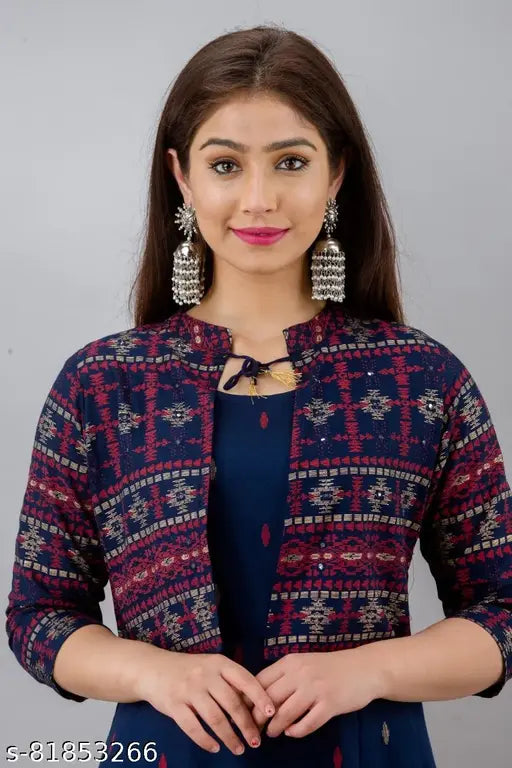 Plus-size rayon blue kurta with jacket, features three-quarter sleeves and printed combo. Women's Indian fashion in 4XL, 5XL, or 6XL