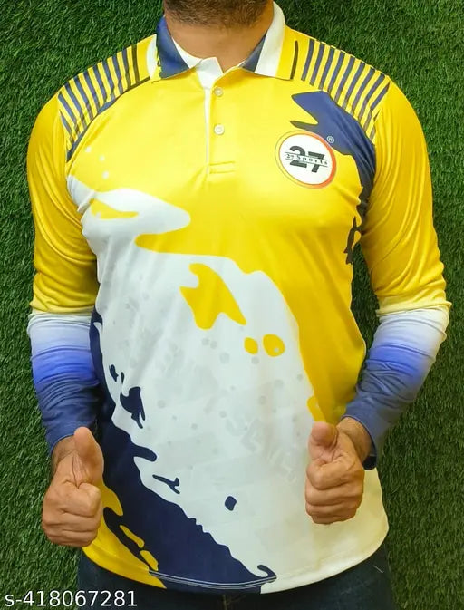 Yellow Lycra long-sleeve sports top with printed net design, from India (M, Chest 38in, Length 27in)