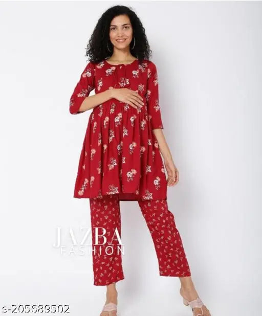 Soft rayon maternity night suit set with printed net pattern, includes top and bottom for maternity wear on bed