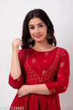 Red rayon anarkali kurta with embroidered print, three-quarter sleeves - Indian festive wear for women