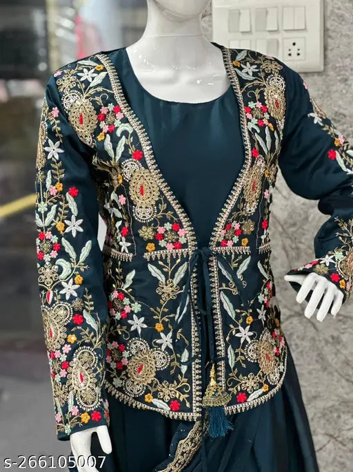 Green silk designer gown with koti and dupatta by New Party Wear, Indian partywear fashion