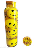 Copper water bottle with Meena smile print, yellow, 1 liter. Handcrafted, leak-proof, made in India for healthy living