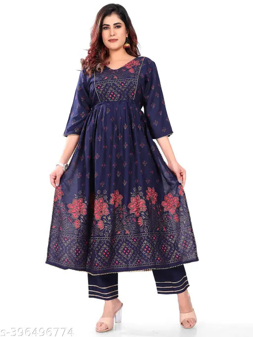 Rayon Nyra Cut Kurta Pants with side pocket, printed net design, three-quarter sleeves, V-neck, India origin