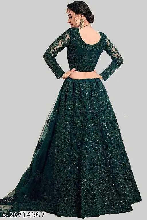 Green net lehenga choli and dupatta set, embroidered with semi-stitching, Patlani chain, and stonework. Indian traditional outfit on mannequin