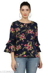 Navy crepe Trendy Classic Modern printed top with tie-up neck and layered sleeves for women's garments, India origin