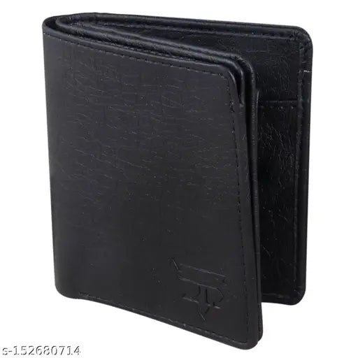 Black faux leather mini wallet for men's fashion, solid design with plenty of room for cards and coins, gift box included