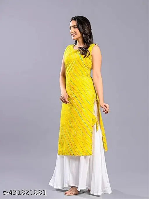Zodeox women's yellow Laheriya & off-white straight kurta with palazzos - cotton blend, 3/4 sleeve, round neck, printed. Traditional wear for various occasions