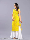Zodeox women's yellow Laheriya & off-white straight kurta with palazzos - cotton blend, 3/4 sleeve, round neck, printed. Traditional wear for various occasions