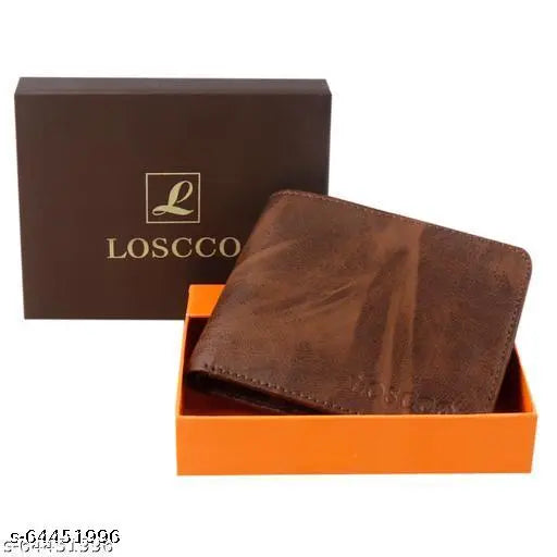 Brown faux leather men's wallet with 2 compartments, 4 card slots, and 2 zippers. Trendy and attractive design for daily use. Newest model from Loscco brand