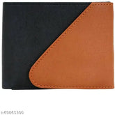 Black N Tan PU men's premium wallet. Five compartments for organizer functionality, free size dimensions: 10cm x 13cm, made in India