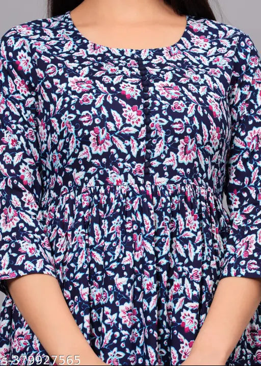 Printed Anarkali Rayon Kurti, three-quarter sleeves, vibrant party wear for men and children. World-class fashion on display from MA SYLA GARMENTS and international brands. Sizes: S (36in bust, 34in waist), M (38in bust, 36in waist), L (40in bust, 38in waist), XL (42in bust, 40in waist), XXL (44in bust, 42in waist), XXXL (46in bust, 44in waist). Made in India