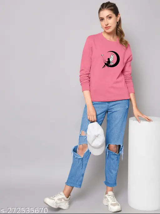 Pink cottonblend loose fit drop shoulder T-shirt for ladies and girls, printed design, versatile party wear