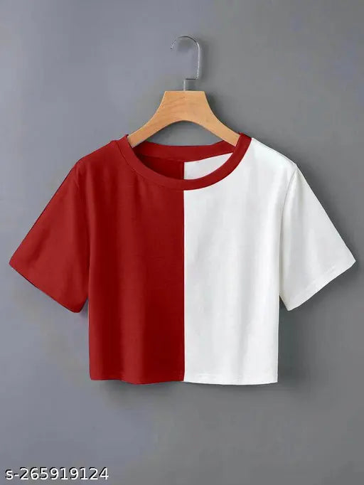 Classic Modern Women's colorblocked lycra tunic & crop top, short sleeves, size S (bust 34in, length 16in)