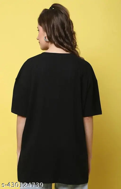 Black cotton oversize printed women's t-shirt with long sleeves, stylish design for women under 100, Indian origin