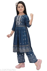 Blue color printed kid girls Naira Cut Kurta set with palazzo bottoms, rayon fabric