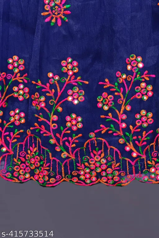 Cotton-silk kids girls lehenga choli, vibrant embroidered Indian outfit in net, sleeveless & stylish, 6-8 years size