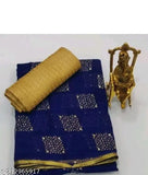 Blue Chiffon saree with jacquard print and separate blouse in Zari woven net. Single free size, Indian-made