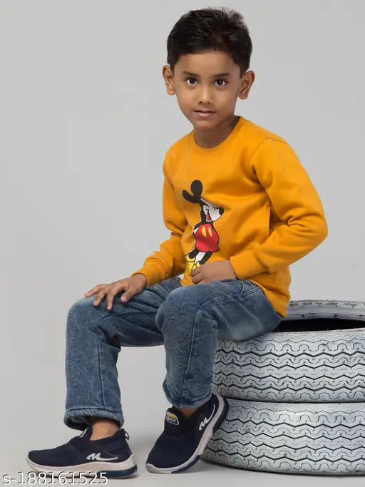 Mustard cotton unisex sweatshirt with printed net pattern - perfect for kids' sporty style (India)