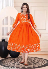 Orange rayon three-quarter sleeve dress, solid color, women's fashion from India (M: bust 38in, length 44in)
