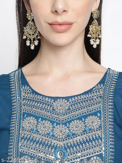 Rayon ethnic kurti plazo set, blue & red, three-quarter sleeves, elegant women's wear for weddings and occasions
