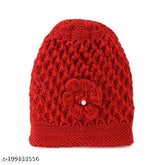 Stylish red woolen-fur beanie, unisex Madam Flower hat design by Karun Hojery (India)