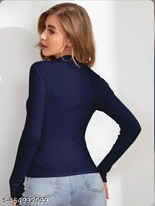 Navy blue Lycra long-sleeve DC ZIP Bodyfit t-shirt for women and girls, solid design on a clothing rack