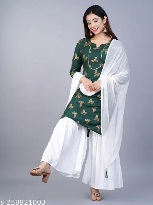 Rayon printed kurta sharara set with dupatta and bottomwear, three-quarter sleeves, pack of 3 sizes (S-XXL), Indian origin