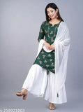 Rayon printed kurta sharara set with dupatta and bottomwear, three-quarter sleeves, pack of 3 sizes (S-XXL), Indian origin