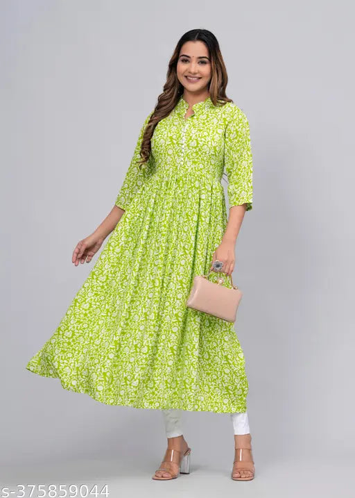 Rayon Anarkali Kurta with Three-Quarter Sleeves, Printed Chikankari design from Sanganeri. Women's fashion in a set with palazzo pants and dupatta