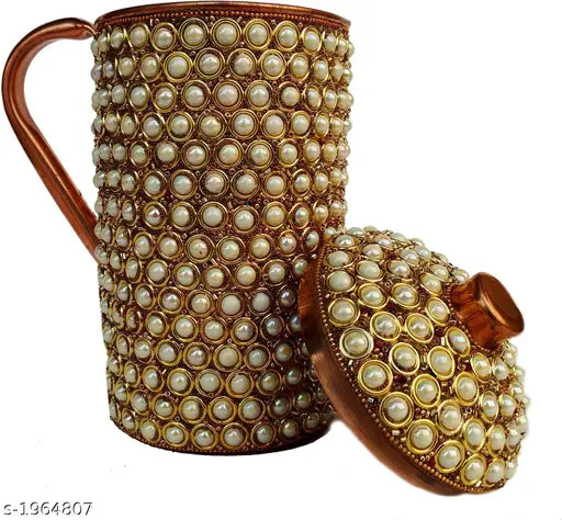 Pure copper water jug dinnerware set, 12cm x 23cm, 1500ml capacity for Ayurveda health benefits. Decorative pearl jug suitable for Diwali Christmas gifts