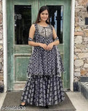 Black rayon kurta set with dupatta and bottomwear, three-quarter sleeves, printed design on stitched net. Single size S to XXL, originating from India