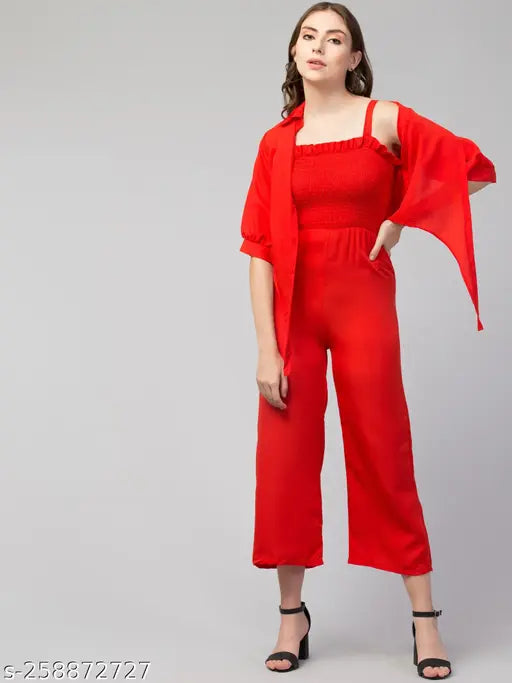 Stylish crepe jumpsuit with shruges for women and girls, solid net, sleeveless, Indian origin