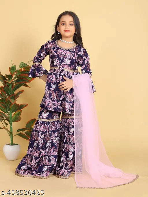 Cotton anarkali Aliya Top with Sharara Dupatta set for girls, solid pattern above knee length