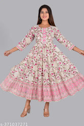 AURELISA Women's Rayon Anarkali Floral Print Round Gotta Kurta Pink - Three-Quarter sleeves, printed combo, S-XXXL