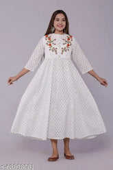 Embroidered cotton long Anarkali kurti for women, three-quarter sleeves, India origin